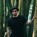 Cool fashion portrait of a man in sunglasses and hat among bamboo trees.